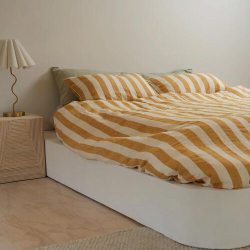 Home Lab 100% French Flax Linen Duvet Cover Set - Sunflower Stripe